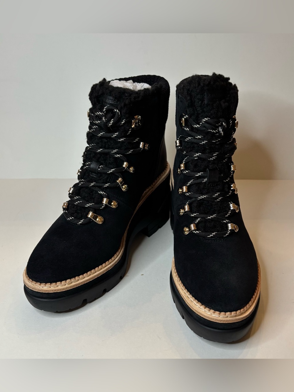 kate spade Black Suede Lace-Up Ankle Boots with Shearling Collar